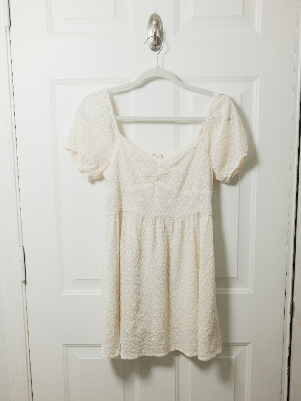Altar'd State Ivory Mini Dress Size M Puff Sleeve Lightweight Fabric Eyelet